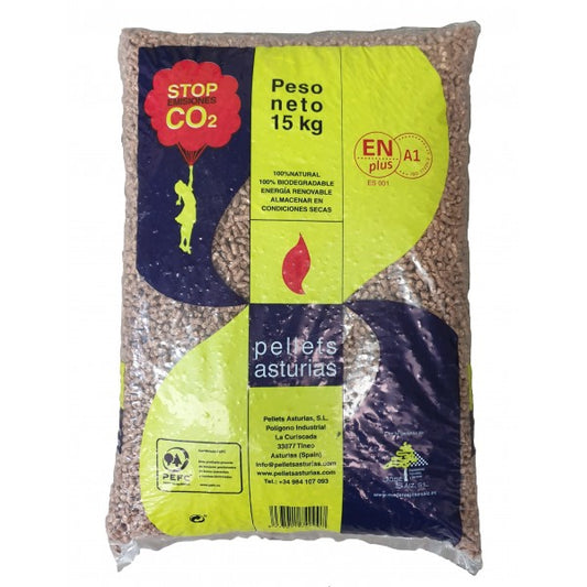 Palet de Pellet Asturias – 72 Sacos de 15 kg (1.080 kg) Certificado ENplus A1